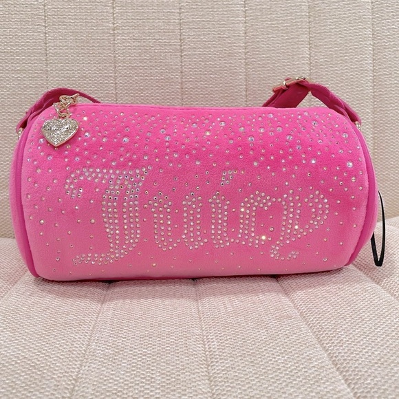 NEW Juicy Couture Juicy Pink Let it Shine Roll Velour Rhinestone Crossbody Barre - Picture 1 of 8